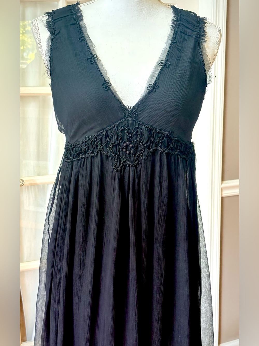 Dark Romantic Silk Chiffon Beaded Midi Dress Boho Gothic Fairy XS